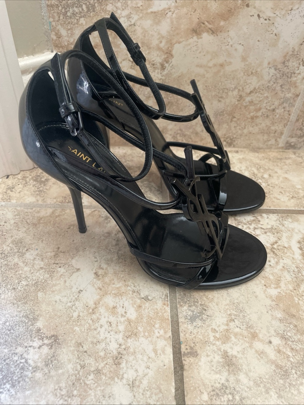 Saint Laurent Women Black Cassandra YSL Patent Leather Heel Sandals Shoe Size 36